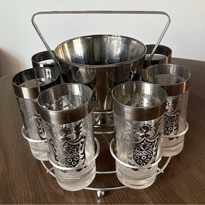 Vintage MCM Kimiko Silver Heraldic Highball Glassware Barware Caddy